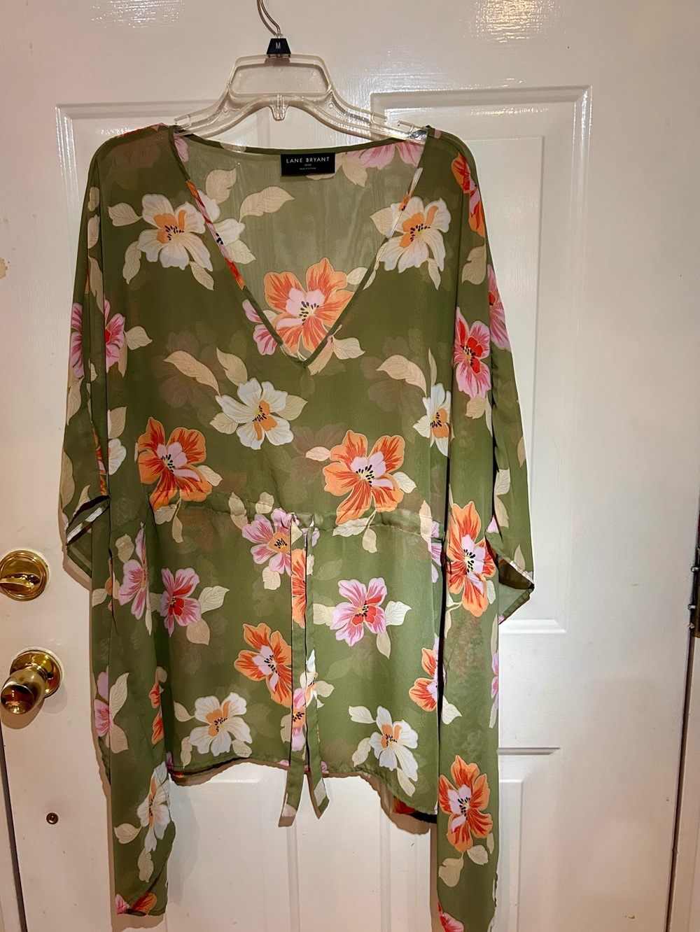 Lane Bryant Olive Green Floral Tie-Waist Blouse